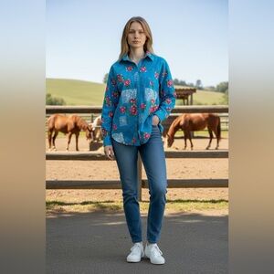 VTG Wrangler Authentic Western Apparel Shirt Flowers Blue Size XL